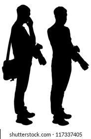 Vector image of young photographers with equipment at work