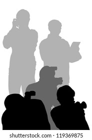 Vector image of young photographers with equipment at work