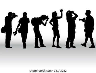 Vector image of young photographers with equipment at work