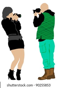 Vector image of young photographers with equipment at work