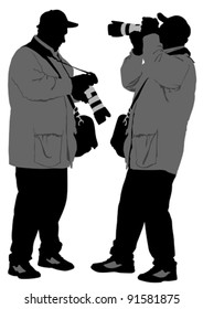 Vector image of young photographers with equipment at work