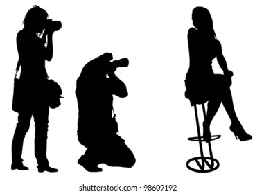 Vector image of young photographers with equipment at work