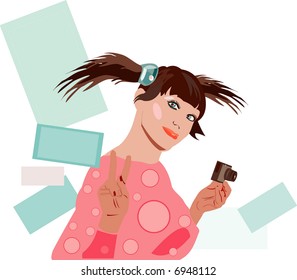 imagen vectorial de una joven linda mujer con cámara pequeña
