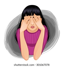 Vector image of young sad crying woman who closes her face with her hands, eps10