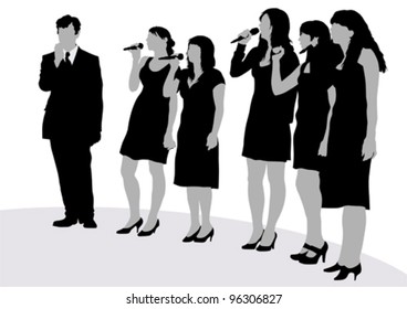 Vector image of young singers with microphones