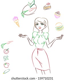 The vector image with young slender girl who prefers to eat vegetables than high-calorie cakes. Subjects are healthy nutrition, weight loss, vegetarianism./Healthy lifestyle 