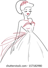 The vector image of the young slender symbolic bride in a magnificent red wedding dress. Theme wedding 