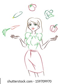 The vector image with  young slender woman juggling with vegetables: pepper, cucumber, tomato, carrot and broccoli/Woman and vegetables 