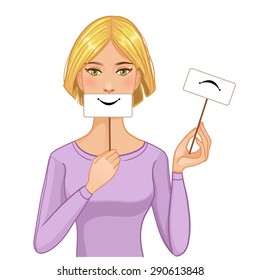 Vector image of young uncertain woman with masks of happy and sad faces in her hands, eps10