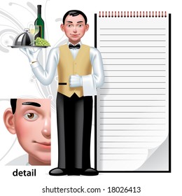 Vector image of a young waiter & writing pad