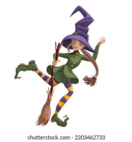 Vector image of a young witch with a broom.Halloween. Concept. Cartoon style. Isolated on white background. EPS 10