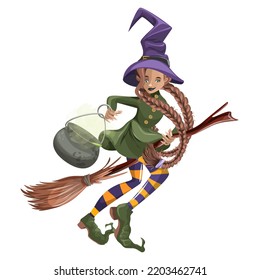 Vector image of a young witch with a broom.Halloween. Cartoon style. Isolated on white background. EPS 10