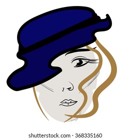 Vector image of young woman in a blue hat