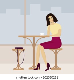 Vector image of young woman in cafe