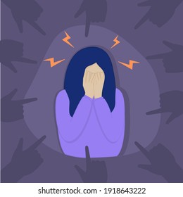 Vector image of a young woman clutching her head. Personal bullying. Condemnation and disapproval of society. The oppressed person. Flat image.