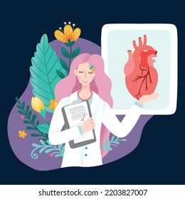 Vector image of a young woman doctor cardiologist on a background of flowering plants. Cartoon illustration