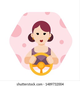 Vector image of a young woman driver with burgundy hair smoothly combed back, dressed in a lilac dress. Vector illustration. Clip art.