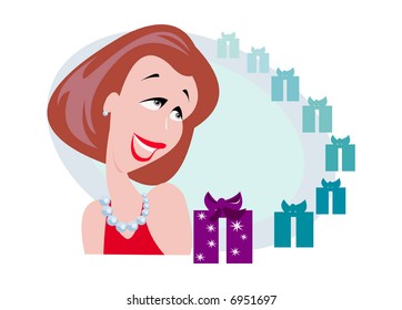vector image of young woman looking on presents