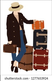 Vector image of young woman in standing pose with luggage in white background - Vector