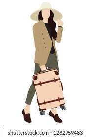 Vector image of young woman in standing pose with luggage in white background 