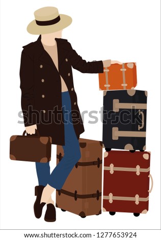 Vector image of young woman in standing pose with luggage in white background - Vector