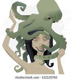 Vector image of young woman struggling with octopus - metaphor of disease, addiction or obsession