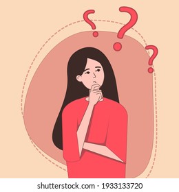 Vector image of a young woman who thinks about a question. A person who doubts his choice. Flat illustration.