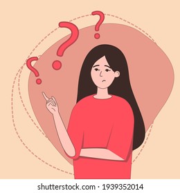 Vector image of a young woman who is wondering. A flat illustration depicting a person who doubts her choice.