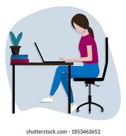 Vector image of a young woman working on a laptop remotely from home. A girl who is being trained online. Self-employed woman in self-isolation.