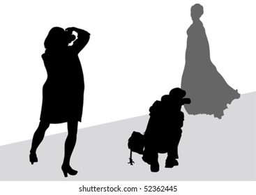 Vector image of young women and boy photographers with equipment at work