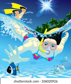 Imagen vectorial de mujeres jóvenes capturando un pez con un tubo y una máscara de buceo en el buceo en el mar
