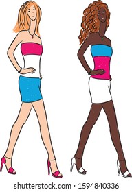 Vector image of young women in summer dresses walking on catwalk