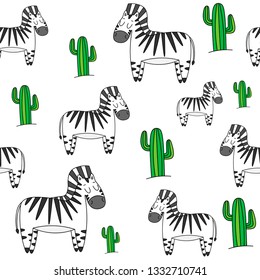 Vector image of zebra. Vector image of a cactus. Seamless pattern with zebra cartoon. Image suitable for wrapping paper, baby clothes and underwear. Print postcards, banners, posters.