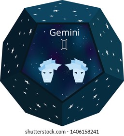 Vector image of zodiac sign Gemini inside a dark blue dodecahedron with white stars outside surface and universe-like background inside. Astrology and horoscope