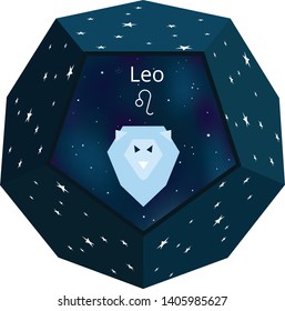 Vector image of zodiac sign Leo inside a dark blue dodecahedron with white stars outside surface and universe-like background inside. Astrology and horoscope