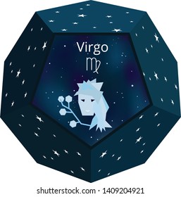 Vector image of zodiac sign virgo inside a dark blue dodecahedron with white stars outside surface and universe-like background inside. Astrology and horoscope