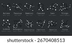 Vector image of zodiac signs icons. Concept of fortune telling by tarot cards and horoscope forecasts. Element for your design