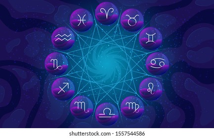 Vector image of zodiac wheel or circle with twelve zodiac sign symbols closed in glass spheres. Astrological calendar isolated on night starry sky with galaxy and geometric pattern in the center.