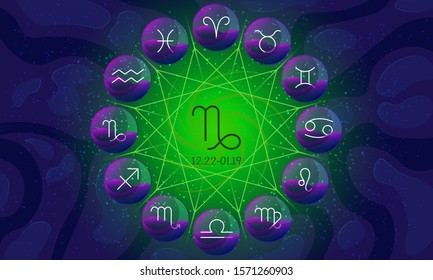 Vector image of zodiac wheel or circle with twelve zodiac sign symbols closed in glass spheres. Astrological calendar isolated on night starry sky with capricorn sign and date range in the center.