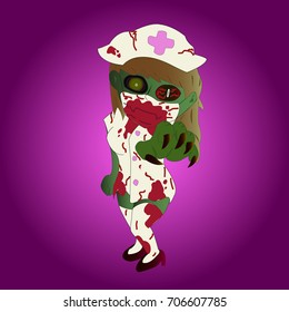 Vector image of zombie in nurse suit with dark pink background for Halloween. Halloween concept.