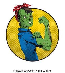 Vector image of zombie woman. Halloween round yellow frame with cartoon image of a green zombie woman. Zombie woman in a blue shirt and red kerchief on her head. Pop art. Vector illustration.