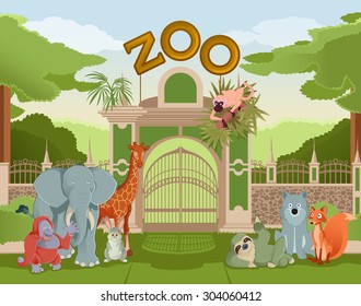 Vector image of zoo gate with animals 3