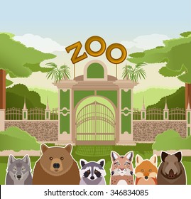 Vector Image Of A Zoo Gate With Forest Flat Animals