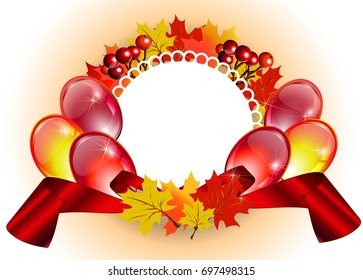  Vector image.Autumn frame for labels, stickers for the packaging of goods for shops.Autumn round frame with balloons on holiday for postcard, poster, invitation card.