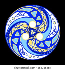 Vector image.Celtic color round picture with a triple whirlwind with circles, triangles, petals and lines. Isolated pattern on a black background.