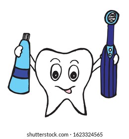 Vector image.Draw of abstract tooth with a toothbrush and toothpaste. Design covers, banner, wrapping paper, print clothes.
