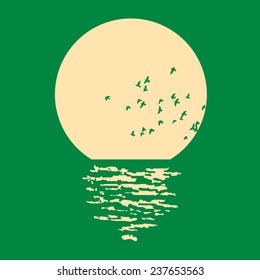 The vector Image(graphic) means solar bulb made with sunrise and bird, sea, sky 