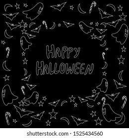 Vector image.Happy Halloween. Mr. Pumpkin casting a bat and moon on a dark background.
