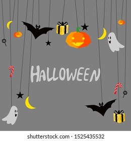 Vector image.Happy Halloween. Mr. Pumpkin casting a bat and moon on a gray background.