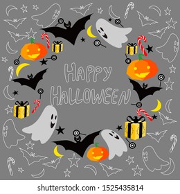 Vector image.Happy Halloween. Mr. Pumpkin casting a bat and moon on a gray  background.